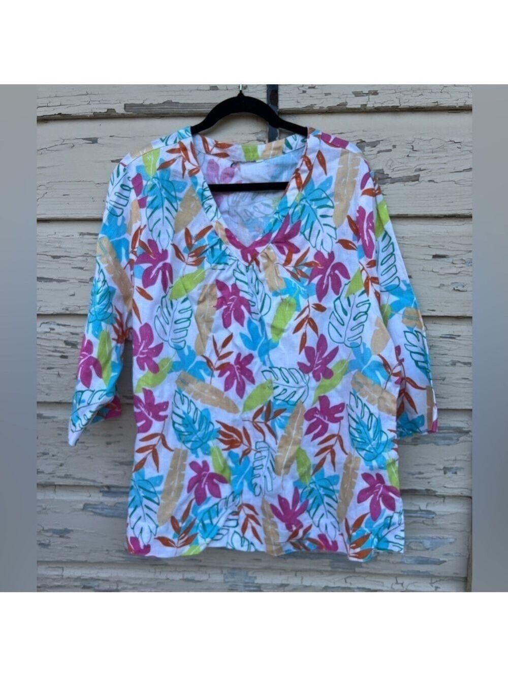 Hot Cotton 100% Linen Tropical Multicolor Summer Beachy BoHo Pullover Blouse Top